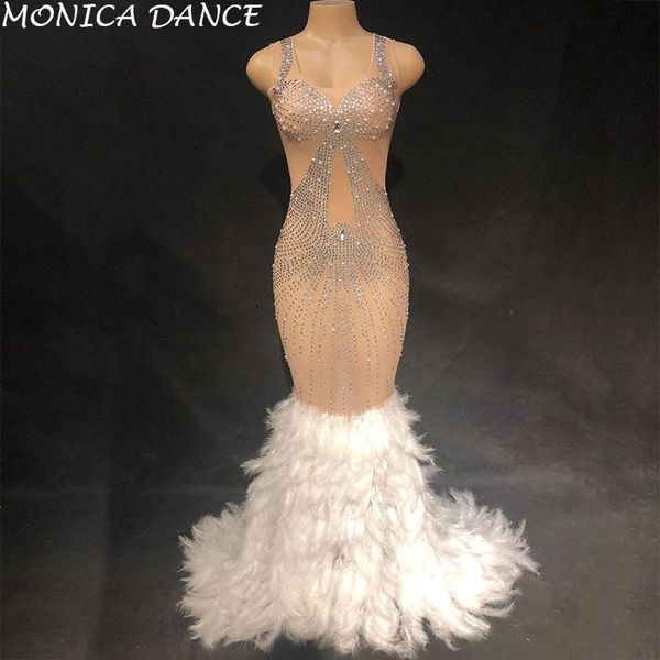 casual dresses women stage white feather nude mesh stones dress birthday celebrate transparent net yarn evening costume, Black;gray 
casual dresses women stage white feather nude mesh stones dress birthday celebrate transparent net yarn evening costume, Black;gray