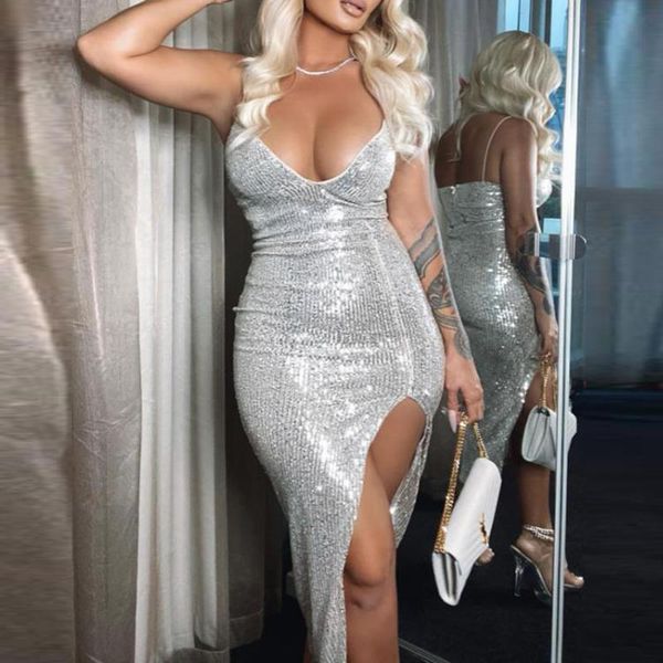 casual dresses women slit dress silver solid color deep v-neck spaghetti strap skirt with sequins elegant clubwear female party midi, Black;gray
casual dresses women slit dress silver solid color deep v-neck spaghetti strap skirt with sequins elegant clubwear female party midi, Black;gray