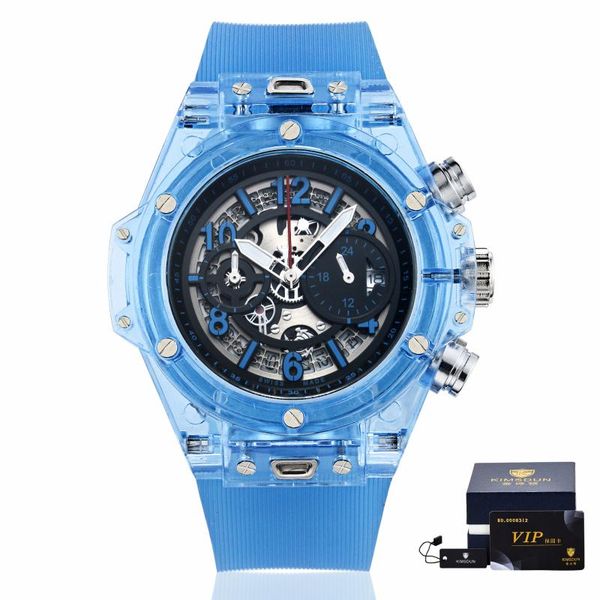 blue transparent fashion men's quartz chronograph watch kimsdun waterproof casual wrist relogio wristwatches, Slivery;brown
blue transparent fashion men's quartz chronograph watch kimsdun waterproof casual wrist relogio wristwatches, Slivery;brown