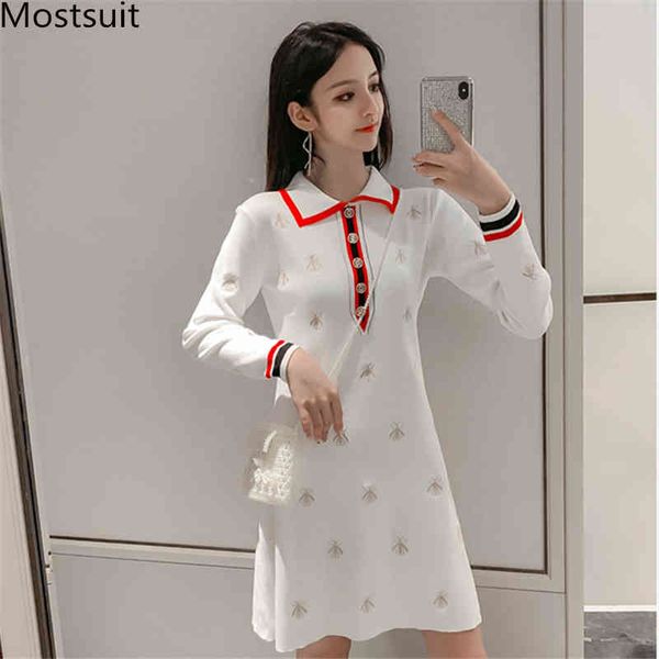 knitted vintage bees embroidery dress women spring autumn elegant long sleeve turn-down collar a-line mini dresses vestido mujer 210518, Black;gray 
knitted vintage bees embroidery dress women spring autumn elegant long sleeve turn-down collar a-line mini dresses vestido mujer 210518, Black;gray