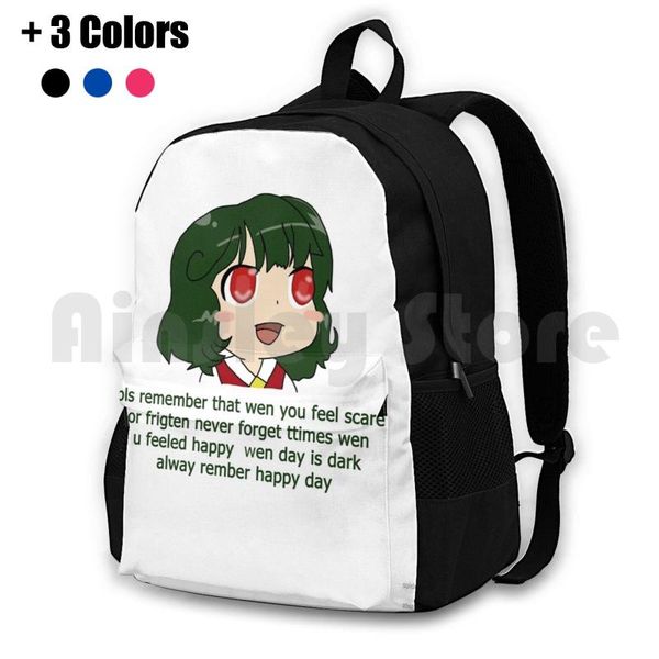 happy day outdoor hiking backpack riding climbing sports bag pls remember that wen you feel scare or frigten never forget
happy day outdoor hiking backpack riding climbing sports bag pls remember that wen you feel scare or frigten never forget