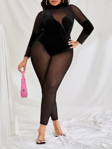 sxy plus contrast mesh high neck velvet jumpsuit p5sv#, Black 
sxy plus contrast mesh high neck velvet jumpsuit p5sv#, Black