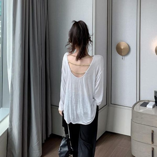 women's t-shirt 2021 summer korean thin sunscreen shirt versatile open back chain scheming long sleeve fashion, White
women's t-shirt 2021 summer korean thin sunscreen shirt versatile open back chain scheming long sleeve fashion, White