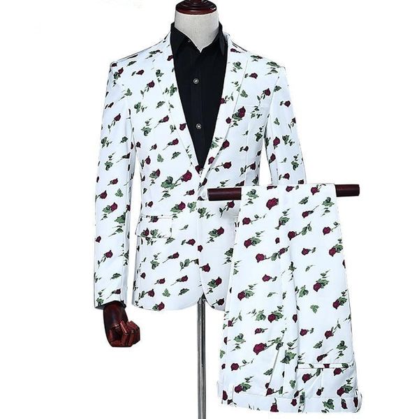 men's suits & blazers business casual for men slim fit blazer rose flower print stage with pants groom, White;black
men's suits & blazers business casual for men slim fit blazer rose flower print stage with pants groom, White;black
