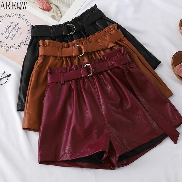 women's shorts with belt pu leather women 2021 autumn elastic bract waist high slim wide leg tide, White;black