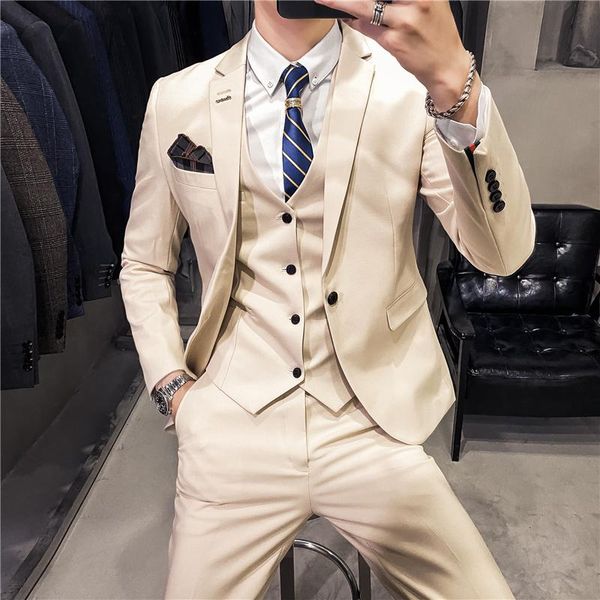 men's suits & blazers ivory british style suit male groom wedding dress handsome three-piece one button coat notched lapel tuxedo, White;black