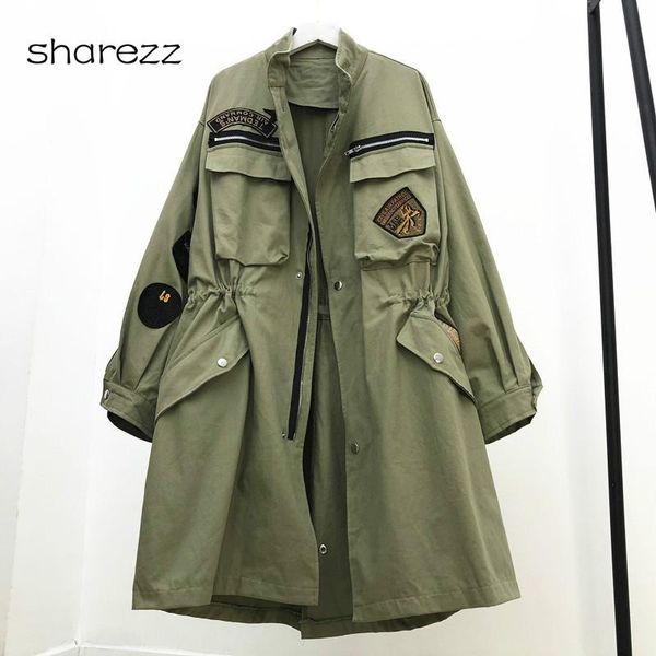 women's trench coats army green women long sleeve jacket embroidery badge windbreaker parka pockets drawstring cardigan coat autumn out, Tan;black 
women's trench coats army green women long sleeve jacket embroidery badge windbreaker parka pockets drawstring cardigan coat autumn out, Tan;black