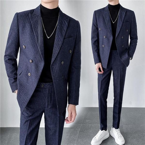 men's suits & blazers fashion striped men business formal casual 2 pieces double breasted groom wedding dress clothing work social, White;black
men's suits & blazers fashion striped men business formal casual 2 pieces double breasted groom wedding dress clothing work social, White;black