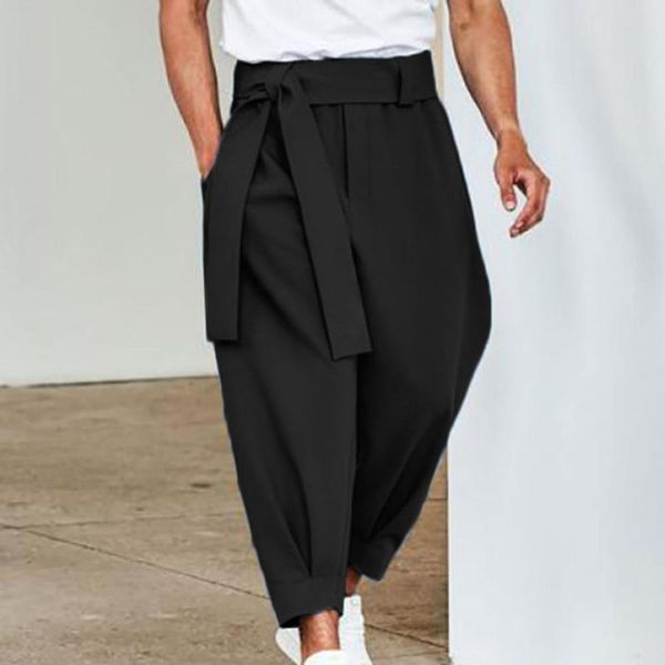 men's pants fashion solid lace-up belt design cropped trousers men casual mid waist loose spring autumn all-match mens streetwear 2021, Black
men's pants fashion solid lace-up belt design cropped trousers men casual mid waist loose spring autumn all-match mens streetwear 2021, Black