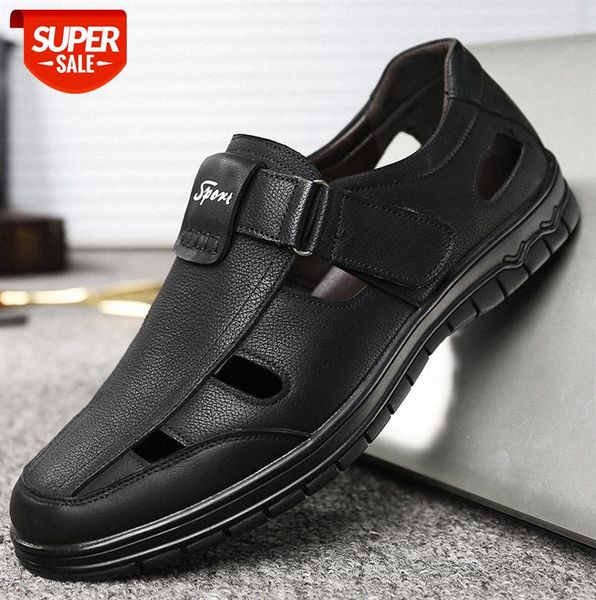 men's sandals casual hollow elderly shoes comfortable rubber sole breathable leather #hr2s, Black