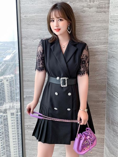 casual dresses suit collar inlaid with diamond double row buckle belt stitching lace pleated dress 2021 summer, Black;gray
casual dresses suit collar inlaid with diamond double row buckle belt stitching lace pleated dress 2021 summer, Black;gray