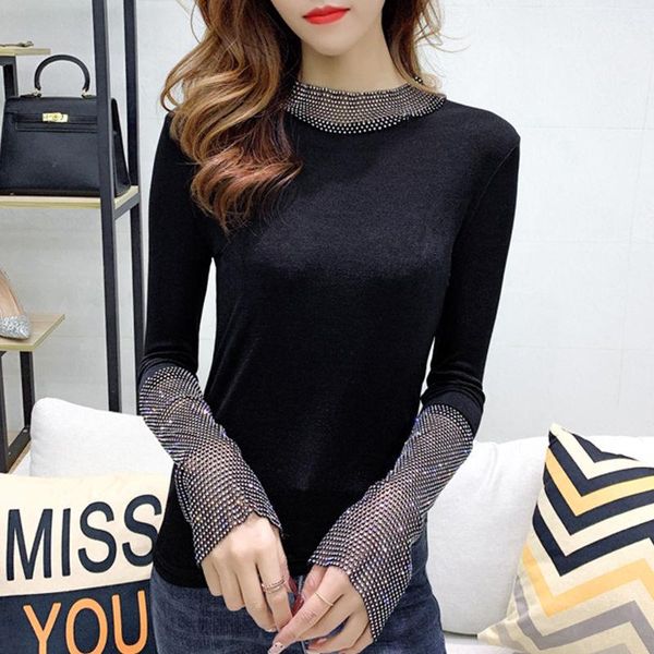 women's t-shirt autumn and winter black bottoming shirt with tide heavy industry diamond long sleeve women, White
women's t-shirt autumn and winter black bottoming shirt with tide heavy industry diamond long sleeve women, White