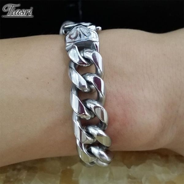 

tiasri aesthetic gothic men's bracelet cuban link silver color stainless steel chain friends gift wholesale 15mm, Black