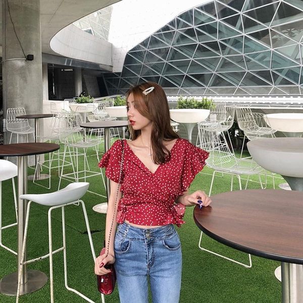 women's t-shirt dot print elegant chiffon blouse women ruffles lace up nipped waist short sleeve v-neck shirt, White
women's t-shirt dot print elegant chiffon blouse women ruffles lace up nipped waist short sleeve v-neck shirt, White