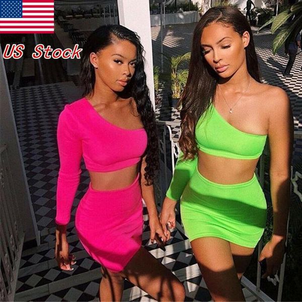 two piece dress women bodycon clothes one shoulder crop short skirt tracksuit clubwear evening party set solid outfit, White
two piece dress women bodycon clothes one shoulder crop short skirt tracksuit clubwear evening party set solid outfit, White