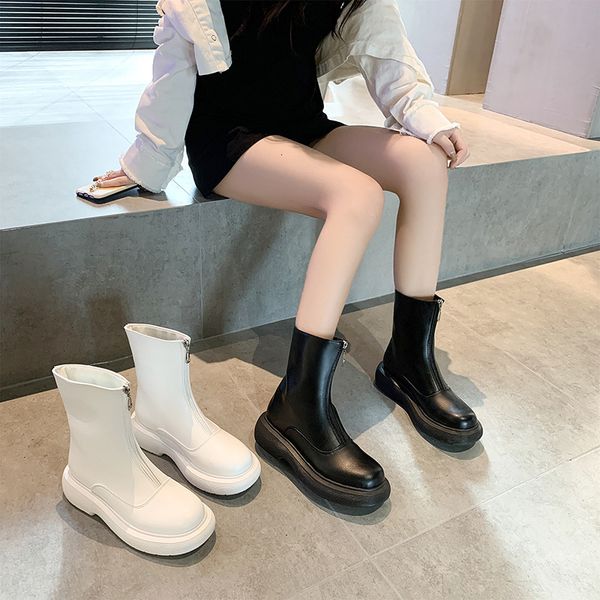 2021 autumn winter round head front zipper soft leather short boots heel muffin thick soled martin women's boots, Black
2021 autumn winter round head front zipper soft leather short boots heel muffin thick soled martin women's boots, Black