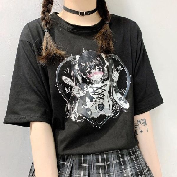 women's t-shirt ulzzang kawaii cartoon girl print clothing retro harajuku casual summer black short-sleeved thin cotton, White 
women's t-shirt ulzzang kawaii cartoon girl print clothing retro harajuku casual summer black short-sleeved thin cotton, White