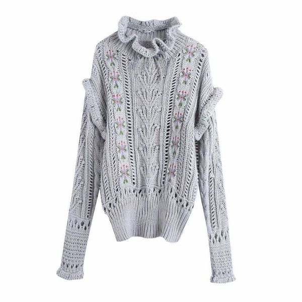 fall winter women knit sweater ruffled high neck embroidery warm chic women sweaters casual fashion pullover 210709, White;black 
fall winter women knit sweater ruffled high neck embroidery warm chic women sweaters casual fashion pullover 210709, White;black