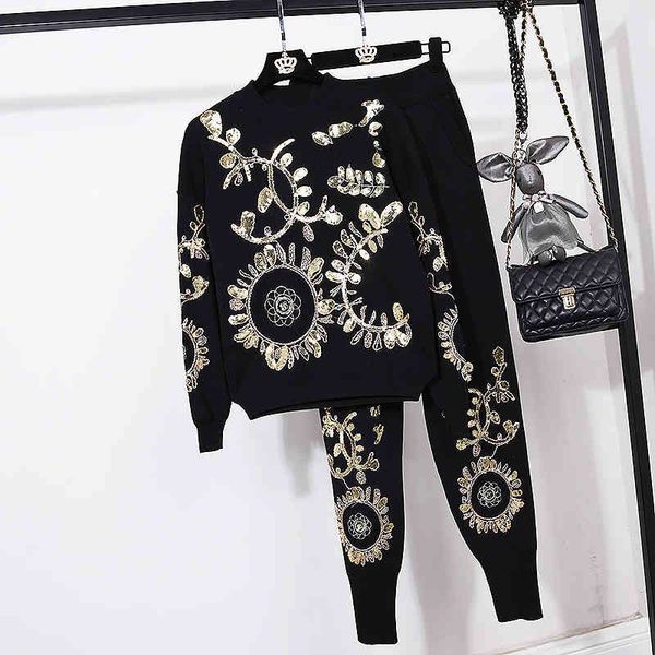 women's two piece pants autumn knitted set women loose embroidery sequins sweater + long pencil tracksuit female knit pullover top, White
women's two piece pants autumn knitted set women loose embroidery sequins sweater + long pencil tracksuit female knit pullover top, White
