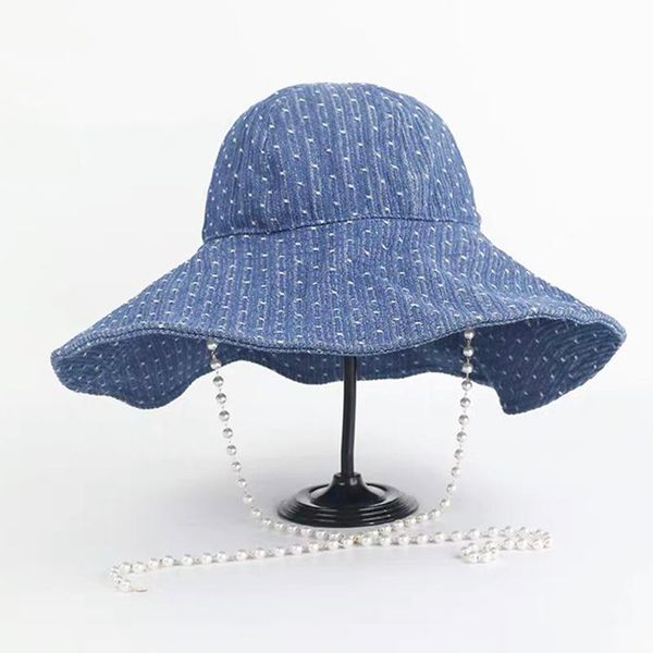 wide brim hats summer bucket hat for women denim blue pearl chain large sun outdoor vacation travel hepburn style fashion caps, Blue;gray
wide brim hats summer bucket hat for women denim blue pearl chain large sun outdoor vacation travel hepburn style fashion caps, Blue;gray