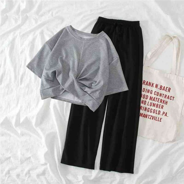 korean fashion daily sets womens pants o neck solid knot cropped t shirts elastic waist soft simple office ladies casual, White
korean fashion daily sets womens pants o neck solid knot cropped t shirts elastic waist soft simple office ladies casual, White