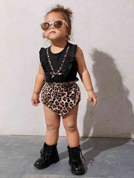 baby ruffle trim bodysuit & leopard print shorts she, Blue 
baby ruffle trim bodysuit & leopard print shorts she, Blue