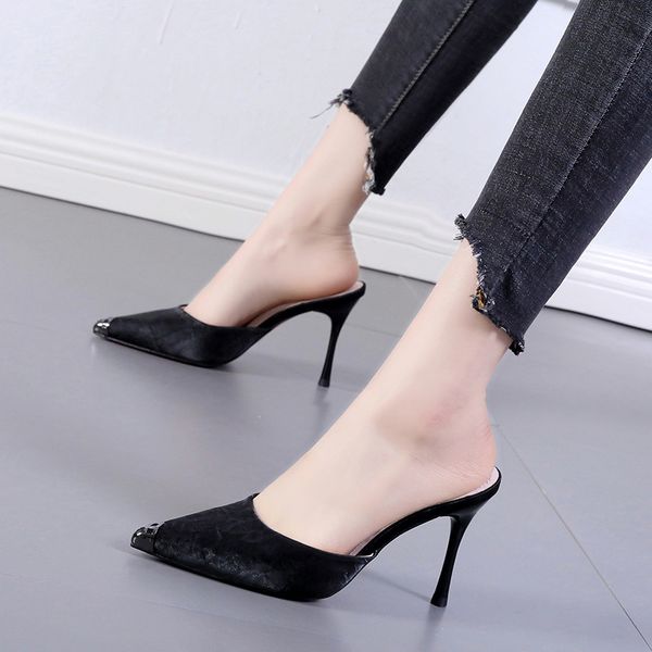 luxury slippers high thin heel fashion women's sandals 2021 spring and summer metal pointed baotou wear semi slippers outside, Black
luxury slippers high thin heel fashion women's sandals 2021 spring and summer metal pointed baotou wear semi slippers outside, Black