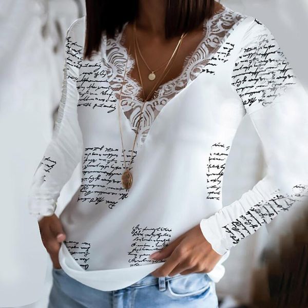 women's blouses & shirts 40#woman women 2021 winter splicing fashion lace v-neck letter print long sleeve camisetas mujer, White
women's blouses & shirts 40#woman women 2021 winter splicing fashion lace v-neck letter print long sleeve camisetas mujer, White