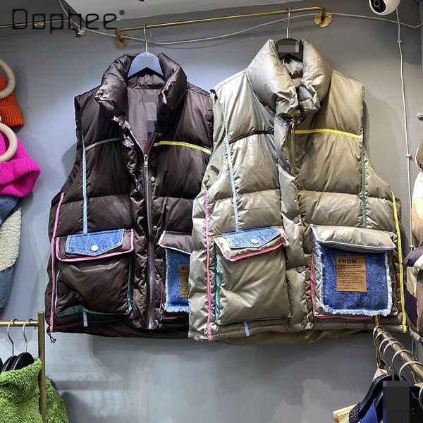 women's vests 2021 winter color contrast patchwork denim large pocket vest coat casual women loose down jacket outer wear female, Black;white 
women's vests 2021 winter color contrast patchwork denim large pocket vest coat casual women loose down jacket outer wear female, Black;white