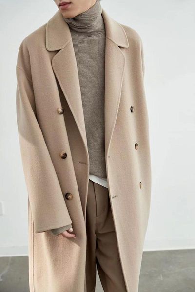 men's trench coats high-end australian wool coat 2021 autumn and winter double row button thin thickened double-sided tweed long