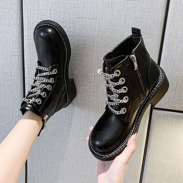 boots ankle for women winter keep warm flat shoes platform woman side zipper fashion chain decoration round head, Black 
boots ankle for women winter keep warm flat shoes platform woman side zipper fashion chain decoration round head, Black