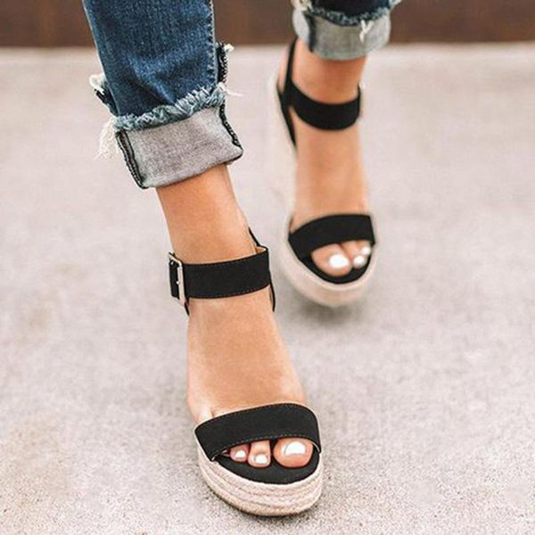 women sandals summer shoes wedge buckle belt open toe slope heel weaving sandalias de las mujeres, Black
women sandals summer shoes wedge buckle belt open toe slope heel weaving sandalias de las mujeres, Black