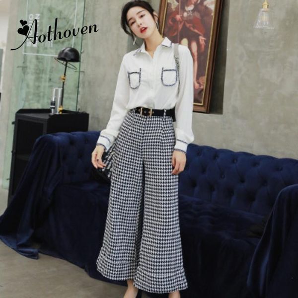 women's two piece pants 2 set women suit autumn full sleeve turn-down collar white shirt and long plaid wide leg work
women's two piece pants 2 set women suit autumn full sleeve turn-down collar white shirt and long plaid wide leg work