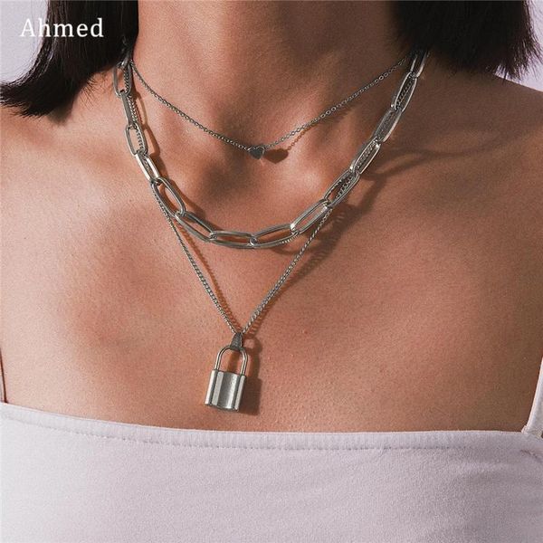 pendant necklaces ahmed steampunk multilayered lock heart fashion punk thick chain woman's necklace jewelry party gifts, Silver
pendant necklaces ahmed steampunk multilayered lock heart fashion punk thick chain woman's necklace jewelry party gifts, Silver