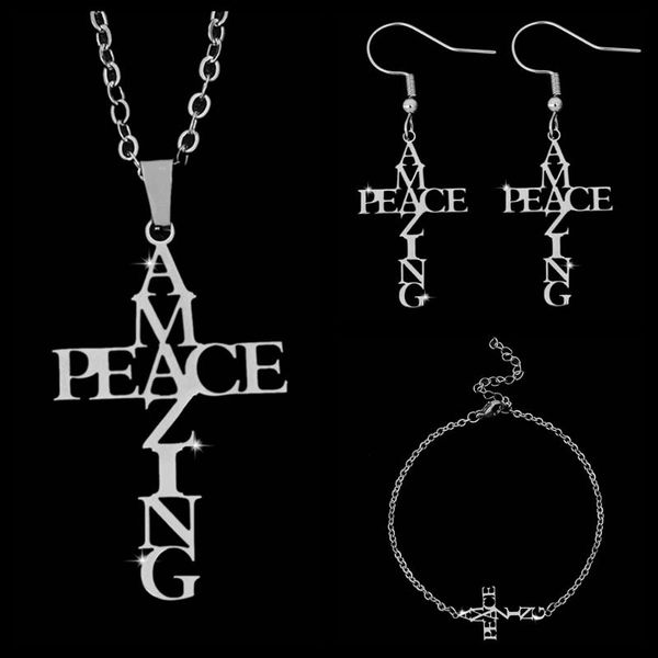 earrings & necklace stainless steel bracelet earring jewelry set amazing&peace pendant cross for women men fashion gift, Silver
earrings & necklace stainless steel bracelet earring jewelry set amazing&peace pendant cross for women men fashion gift, Silver