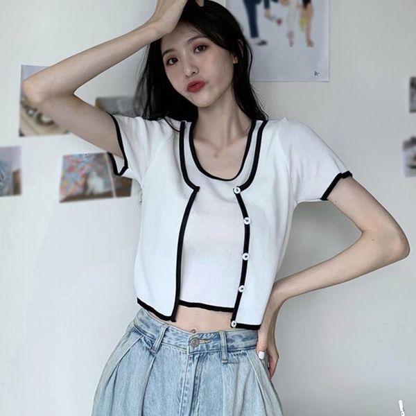 women's sweaters women fake two pieces casual o neck kintted summer thin female short sleeve clothing, White;black
women's sweaters women fake two pieces casual o neck kintted summer thin female short sleeve clothing, White;black