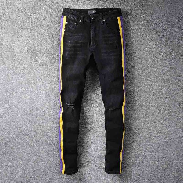 jeans 682 high street trend knife cut holes stripe stitching elastic fashion slim pants, Blue
jeans 682 high street trend knife cut holes stripe stitching elastic fashion slim pants, Blue