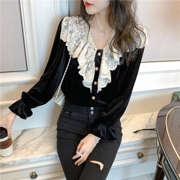 women's blouses & shirts vintage velvet long sleeved base for women autumn temperament lace ruffled collar xv0k, White
women's blouses & shirts vintage velvet long sleeved base for women autumn temperament lace ruffled collar xv0k, White
