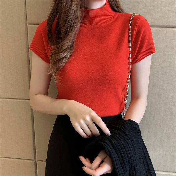 high neck ribbed knitted women blouses fashion summer casual o solid short sleeve blouse clothes, White
high neck ribbed knitted women blouses fashion summer casual o solid short sleeve blouse clothes, White