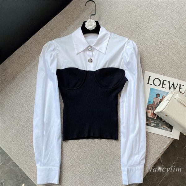 women's blouses & shirts women 2021 autumn knitted stitching rhinestone buckle shirt lady short blusas nancylim, White
women's blouses & shirts women 2021 autumn knitted stitching rhinestone buckle shirt lady short blusas nancylim, White