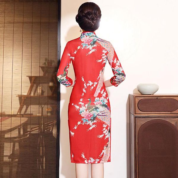 casual dresses bodycon women dress 3/4 sleeve floral printing stand collar midi, Black;gray