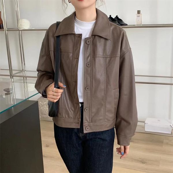 women's leather & faux spring oversized short soft brown jacket women long sleeve korean fashion clothing for womens 2021 streetwear, Black
women's leather & faux spring oversized short soft brown jacket women long sleeve korean fashion clothing for womens 2021 streetwear, Black