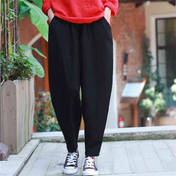 johnature summer solid color cotton linen pants vintage elastic mid waist loose women ankle-length harem 210925, Black;white
johnature summer solid color cotton linen pants vintage elastic mid waist loose women ankle-length harem 210925, Black;white