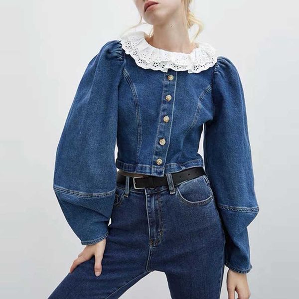 women's blouses & shirts winter retro o-neck stitching lace ruffled lantern sleeve single-breasted denim shirt blouse clothes 42xu, White
women's blouses & shirts winter retro o-neck stitching lace ruffled lantern sleeve single-breasted denim shirt blouse clothes 42xu, White
