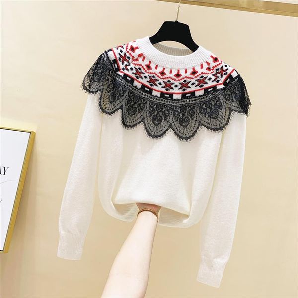 women's sweaters lace stitching jacquard pullover design sweater 2021 autumn and winter korean style loose western knit, White;black
women's sweaters lace stitching jacquard pullover design sweater 2021 autumn and winter korean style loose western knit, White;black
