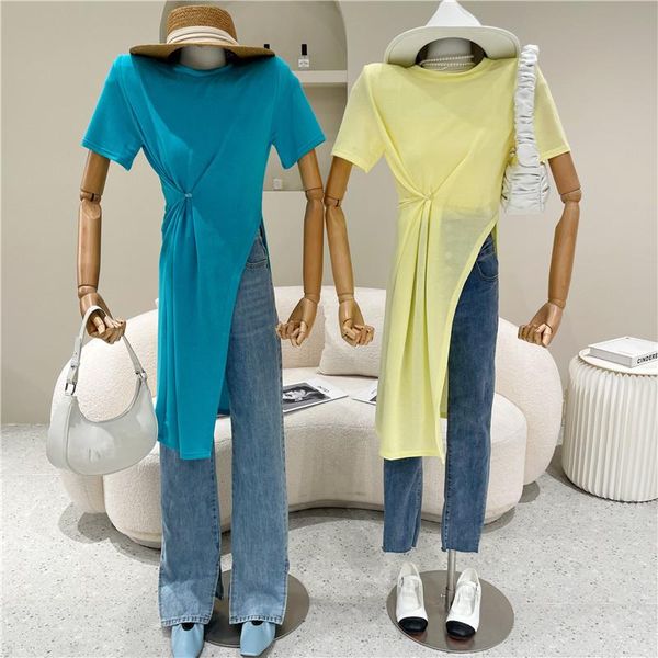 women's t-shirt clothing spring summer 2021 fashion solid round neck twist split short sleeve long inside join sling, White
women's t-shirt clothing spring summer 2021 fashion solid round neck twist split short sleeve long inside join sling, White