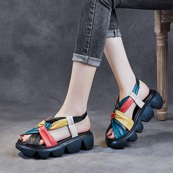 retro summer women sandals lady genuine leather platform mixed colors elastic band wedges shoes concise sandalias mujer, Black
retro summer women sandals lady genuine leather platform mixed colors elastic band wedges shoes concise sandalias mujer, Black
