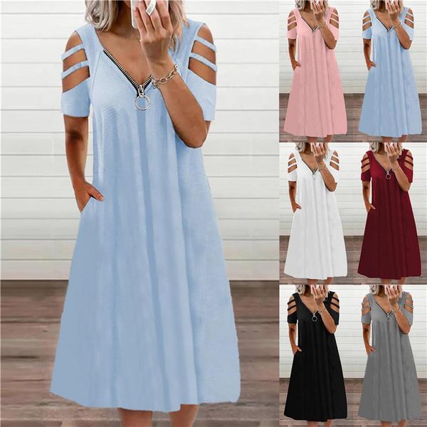 

casual dresses summer v-neck zipper solid color off-shoulder short-sleeved loose female dress women's clothing femme, Black;gray