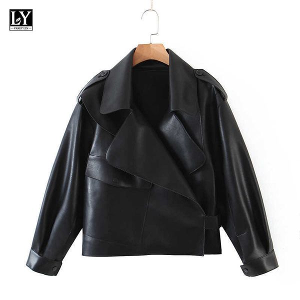 ly varey lin spring autumn women biker jacket faux leather turndown collar pu loose streetwear coat 210526, Black
ly varey lin spring autumn women biker jacket faux leather turndown collar pu loose streetwear coat 210526, Black