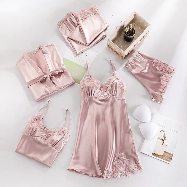 women's sleepwear satin 5pcs pajamas suit women pj's lace pyjamas kimono robe set intimate lingerie nightwear summer with bra, Black;red
women's sleepwear satin 5pcs pajamas suit women pj's lace pyjamas kimono robe set intimate lingerie nightwear summer with bra, Black;red